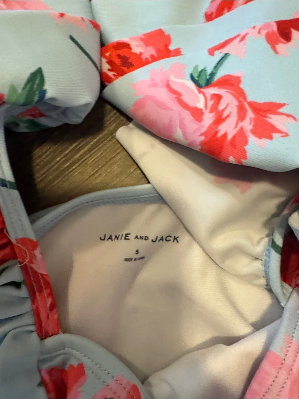 Janie and Jack Floral Ruffle One-Piece Swimsuit - Light Blue with Red Roses